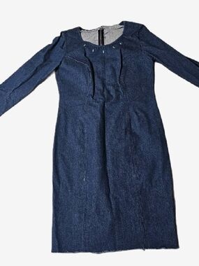 Dark Blue Denim Long Sleeve Sheath Dress With Turquoise Colored Accents